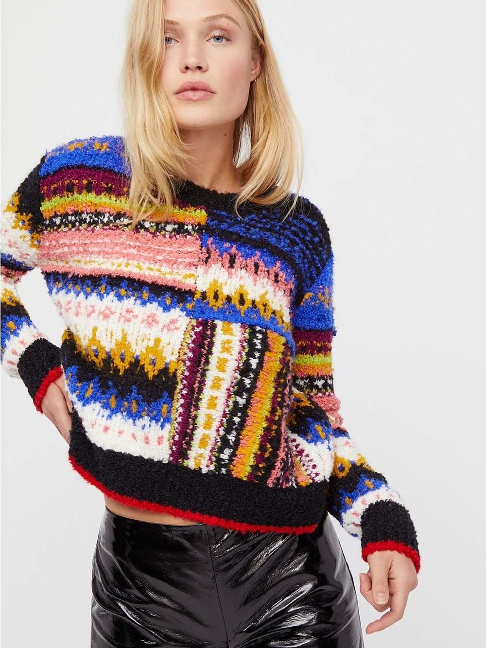 Free People Best Day Ever Sweater Multicolor Colorblock Chunky Knit Pullover